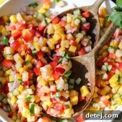 Close-up image of the finished fruit salsa in a serving bowl, showcasing its vibrant colors and fresh appeal.