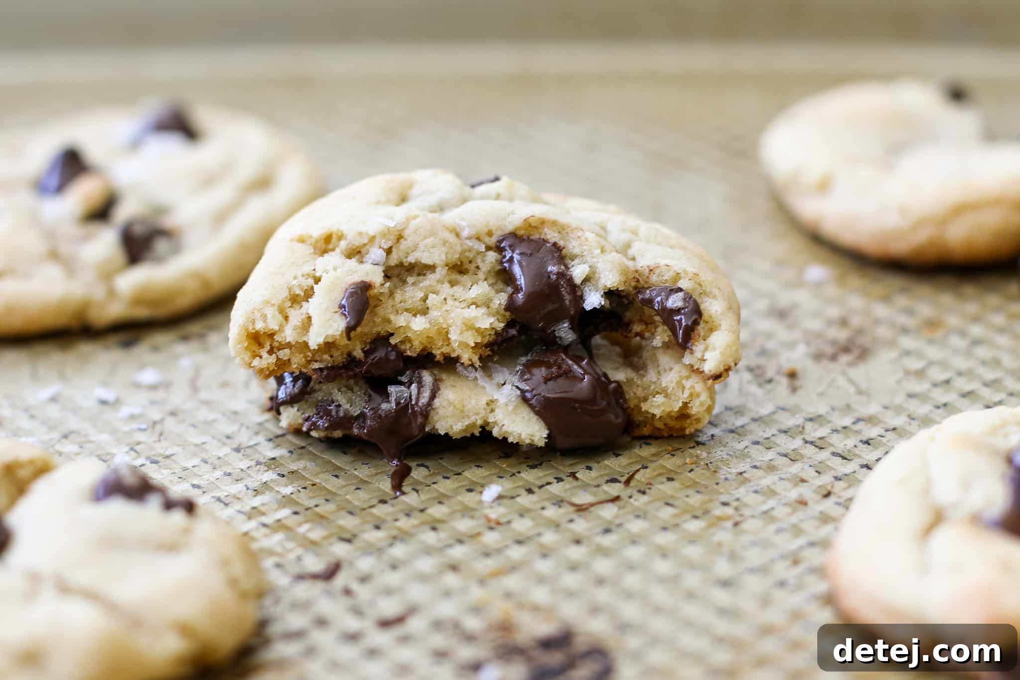 Center image  of cookie broken in half- chocolate chip cookie recipe - healthyish foods