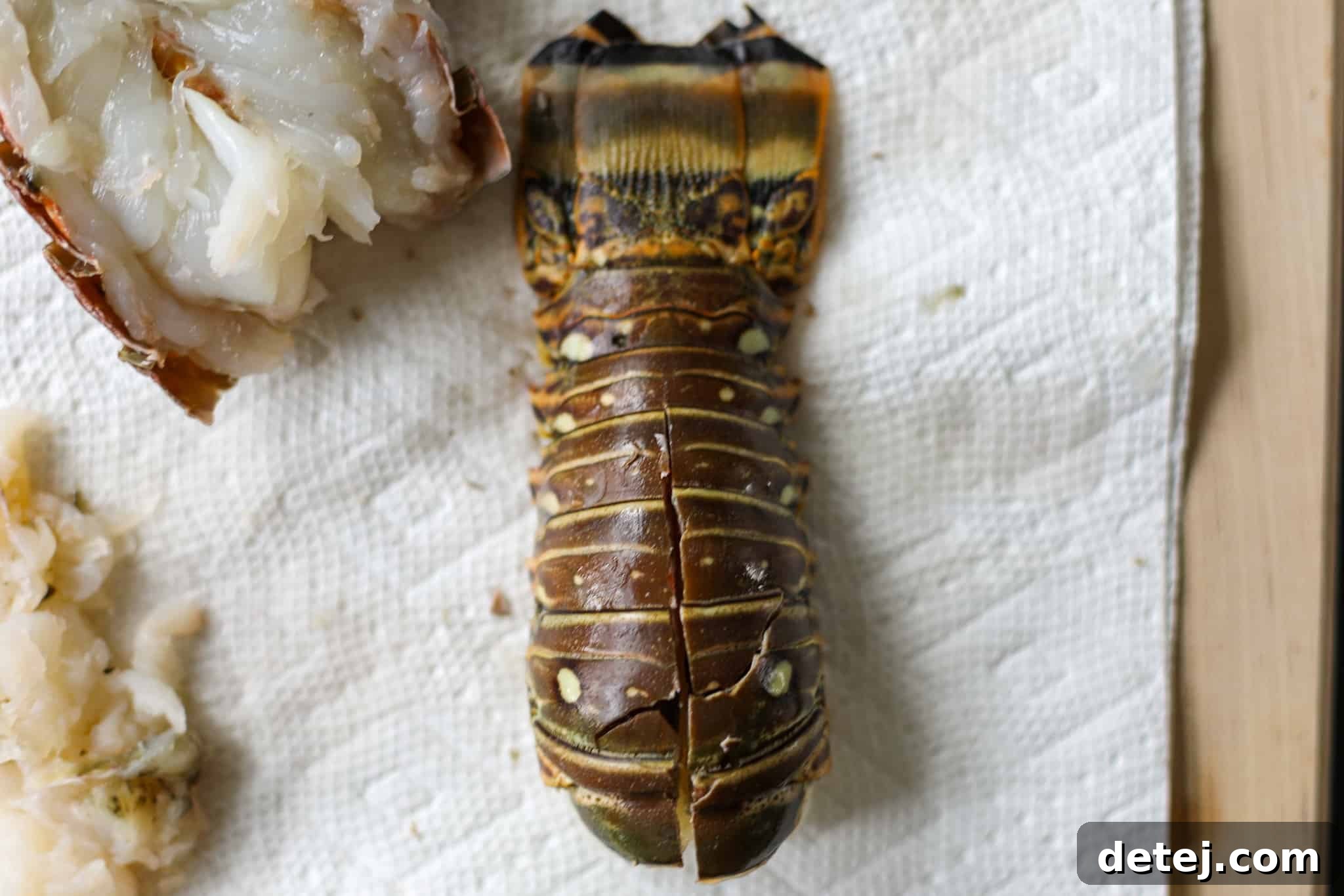 Overhead view of a lobster tail with the top shell precisely cut open lengthwise.