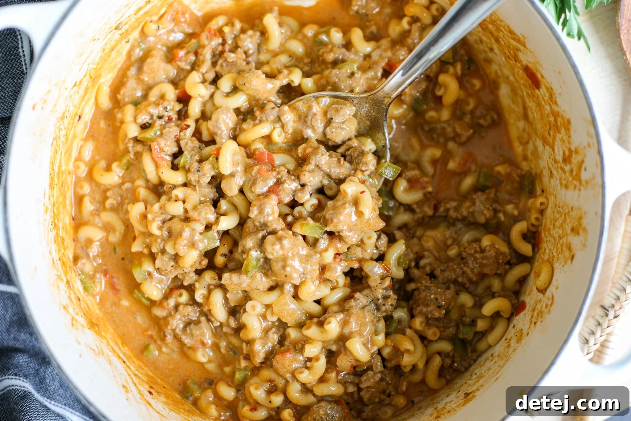 Overhead beauty shot of homemade hamburger helper, a rich and cheesy one-pot dish with ground beef and macaroni