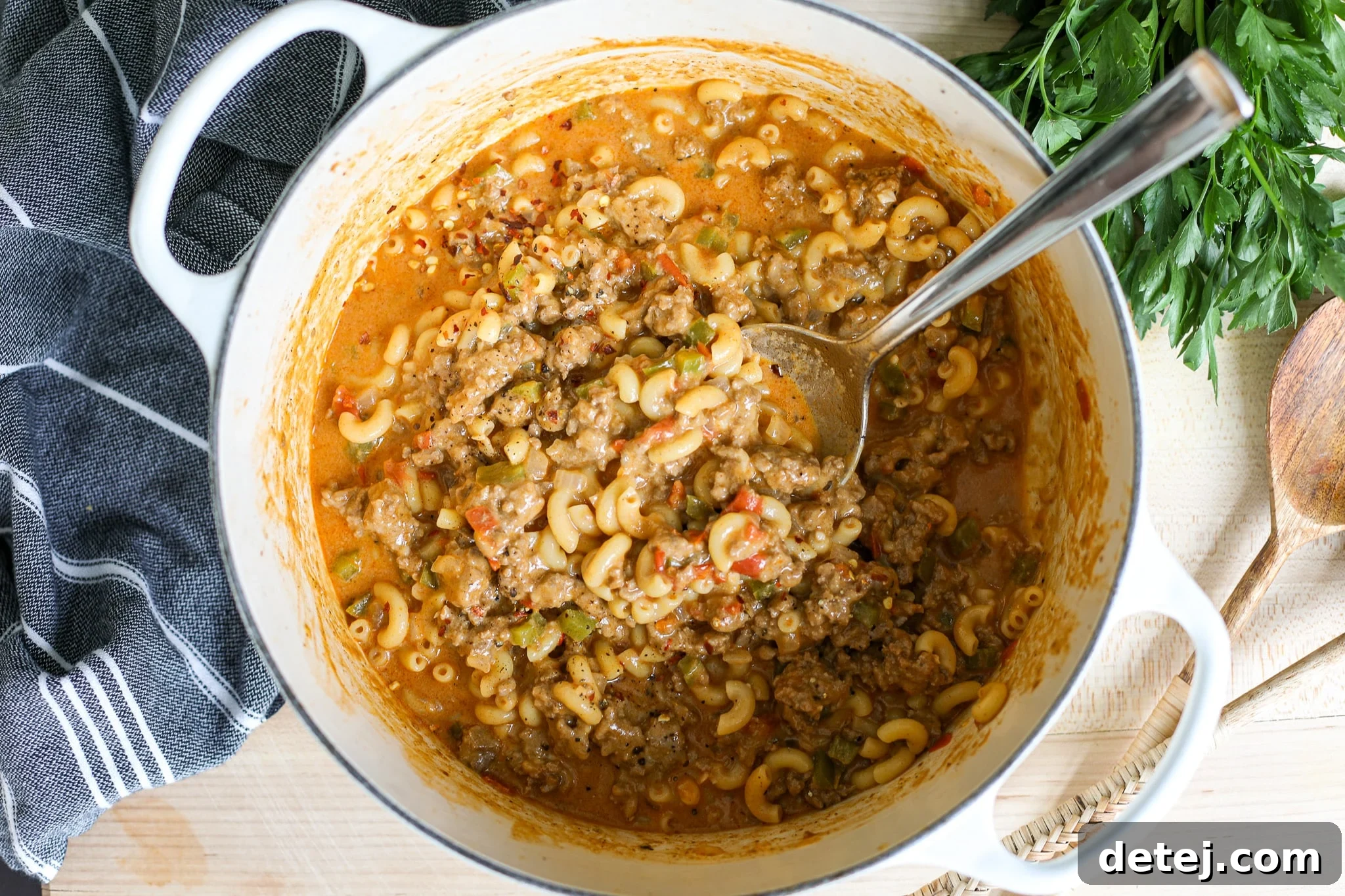 Close-up final shot of a bowl of One Pot Homemade Hamburger Helper, showing its cheesy and creamy texture