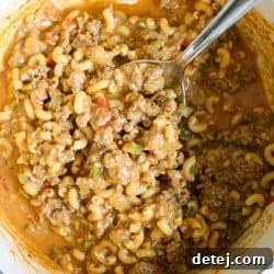 Overhead beauty shot of homemade hamburger helper