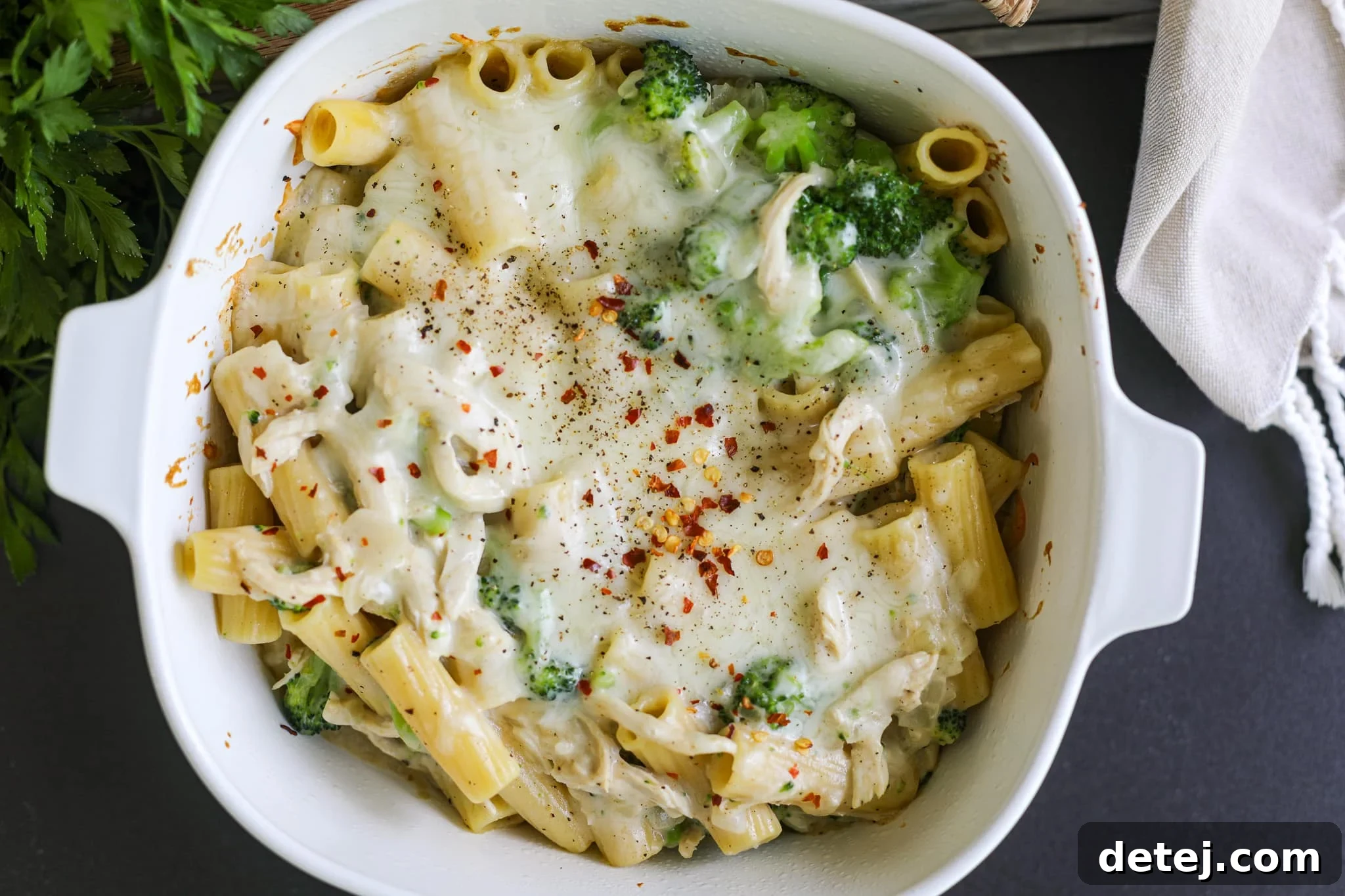 Cheesy Chicken Broccoli Pasta Bake, a comforting family dinner idea.