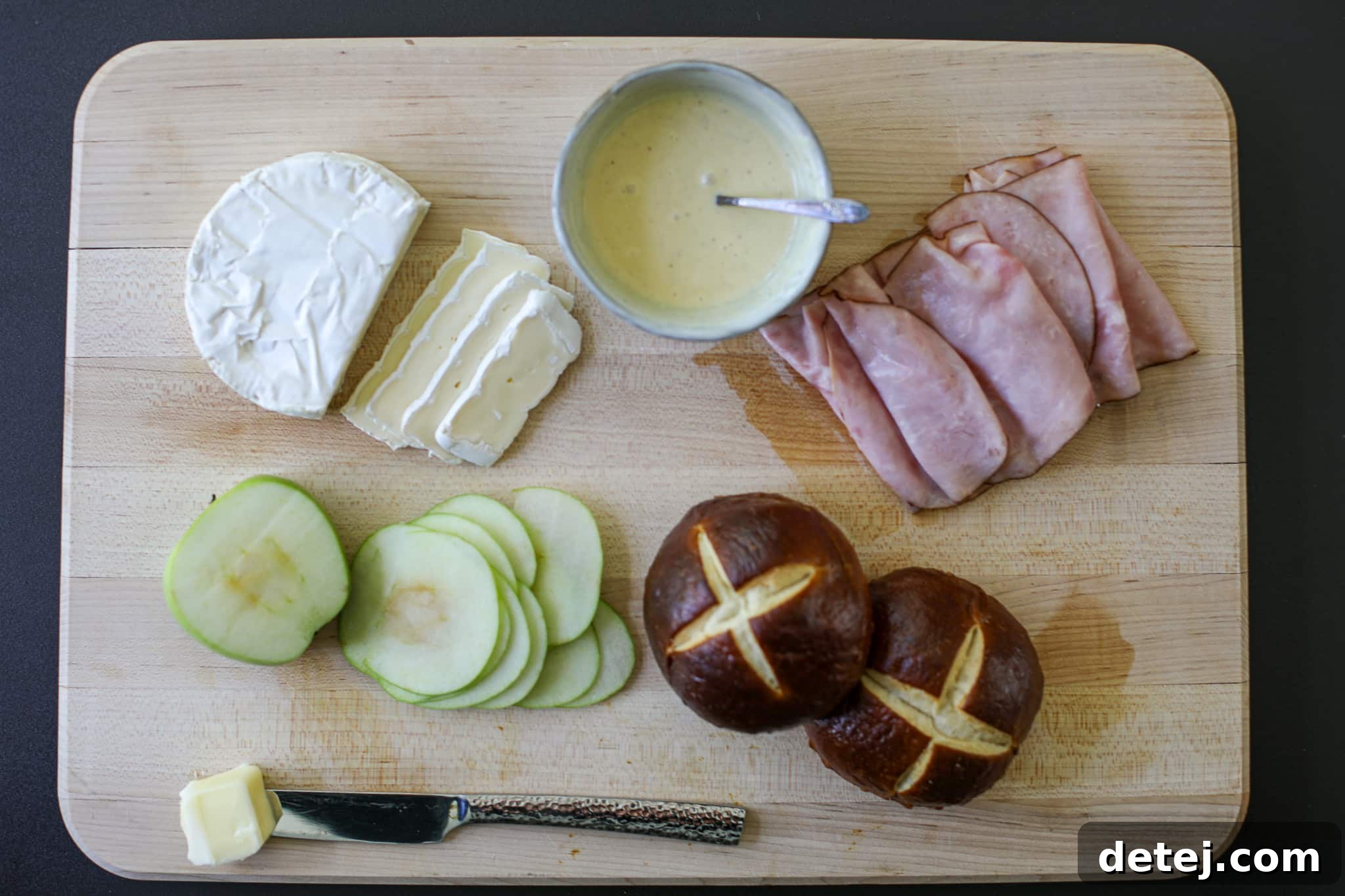 All the fresh ingredients laid out, ready for making the Ham and Brie Sandwich.