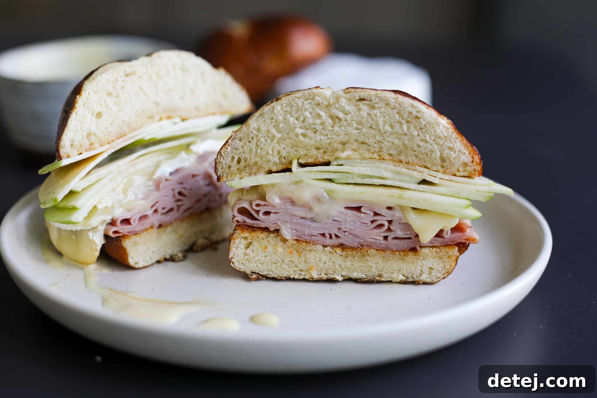 A cross-section view of the Ham and Brie Sandwich, showing all the luscious layers.