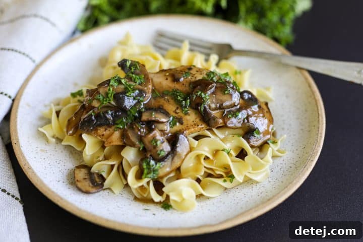 Skillet chicken with mushroom gravy over egg noodles.