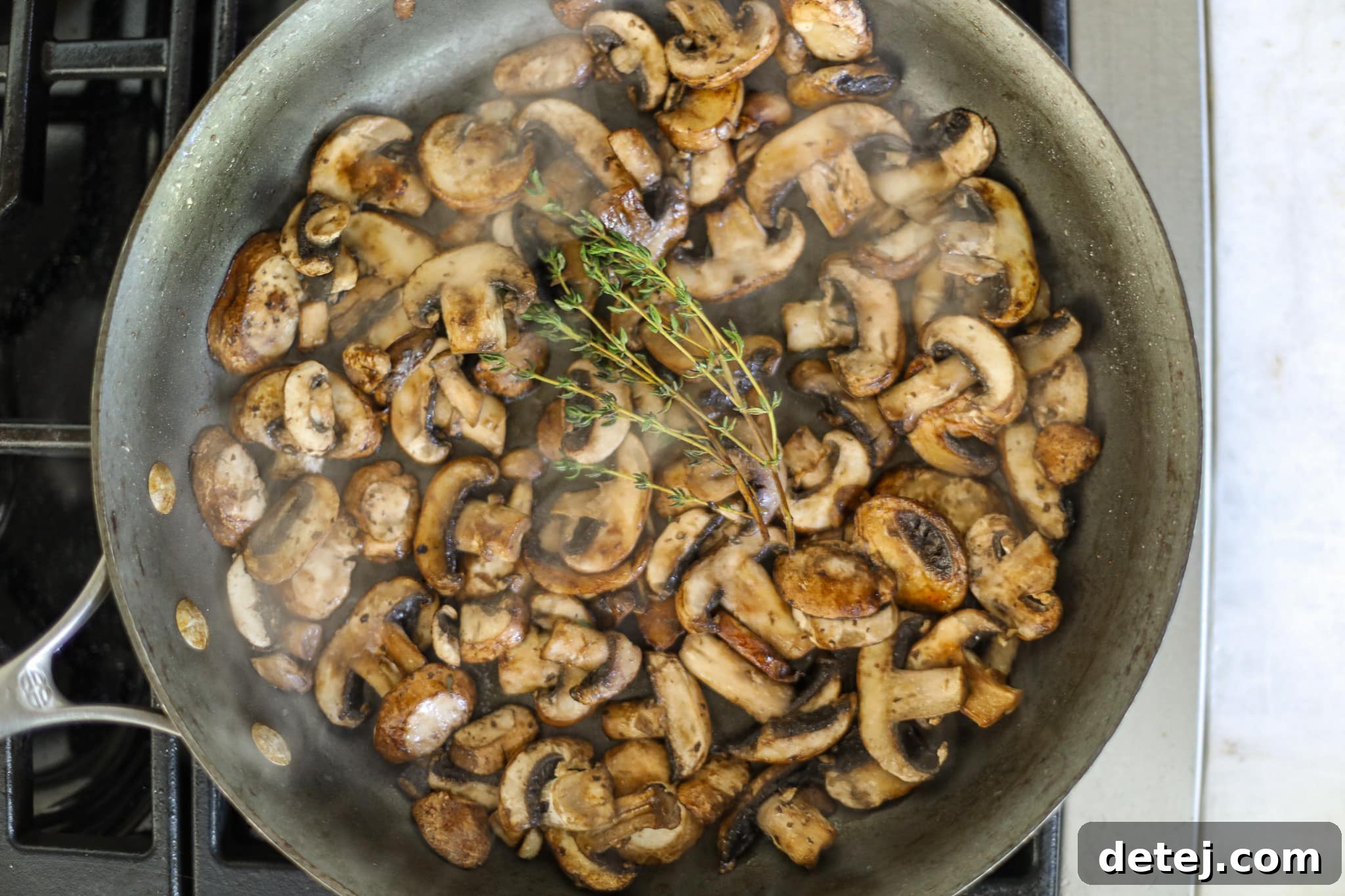 Browned mushrooms in a hot pan. 