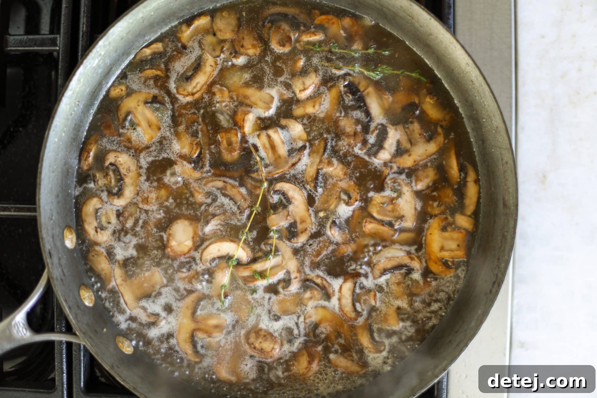 gravy in a pan. 