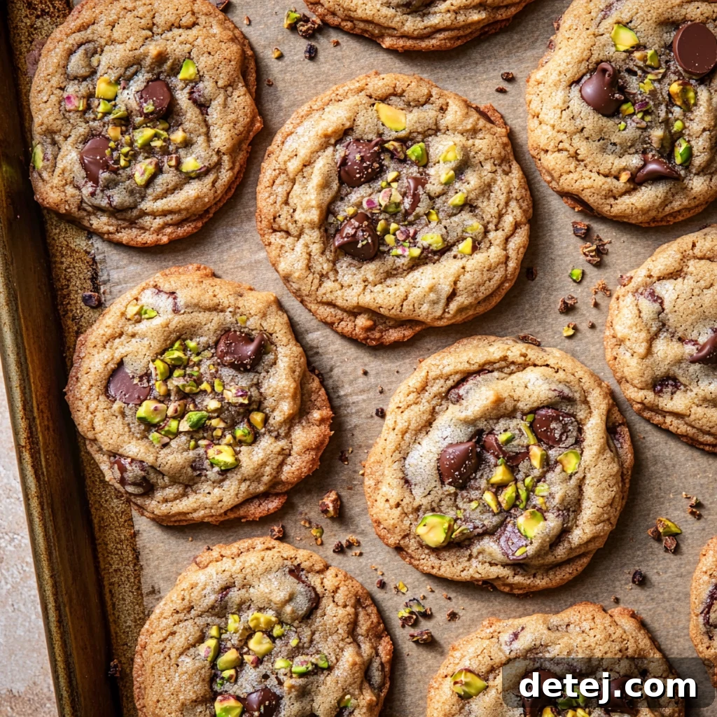 Perfectly scooped Chocolate Chip Pistachio Cookies dough balls on a baking sheet
