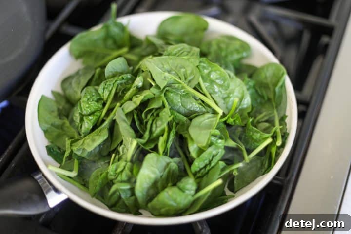 uncooked baby spinach in a pan, ready for wilting.