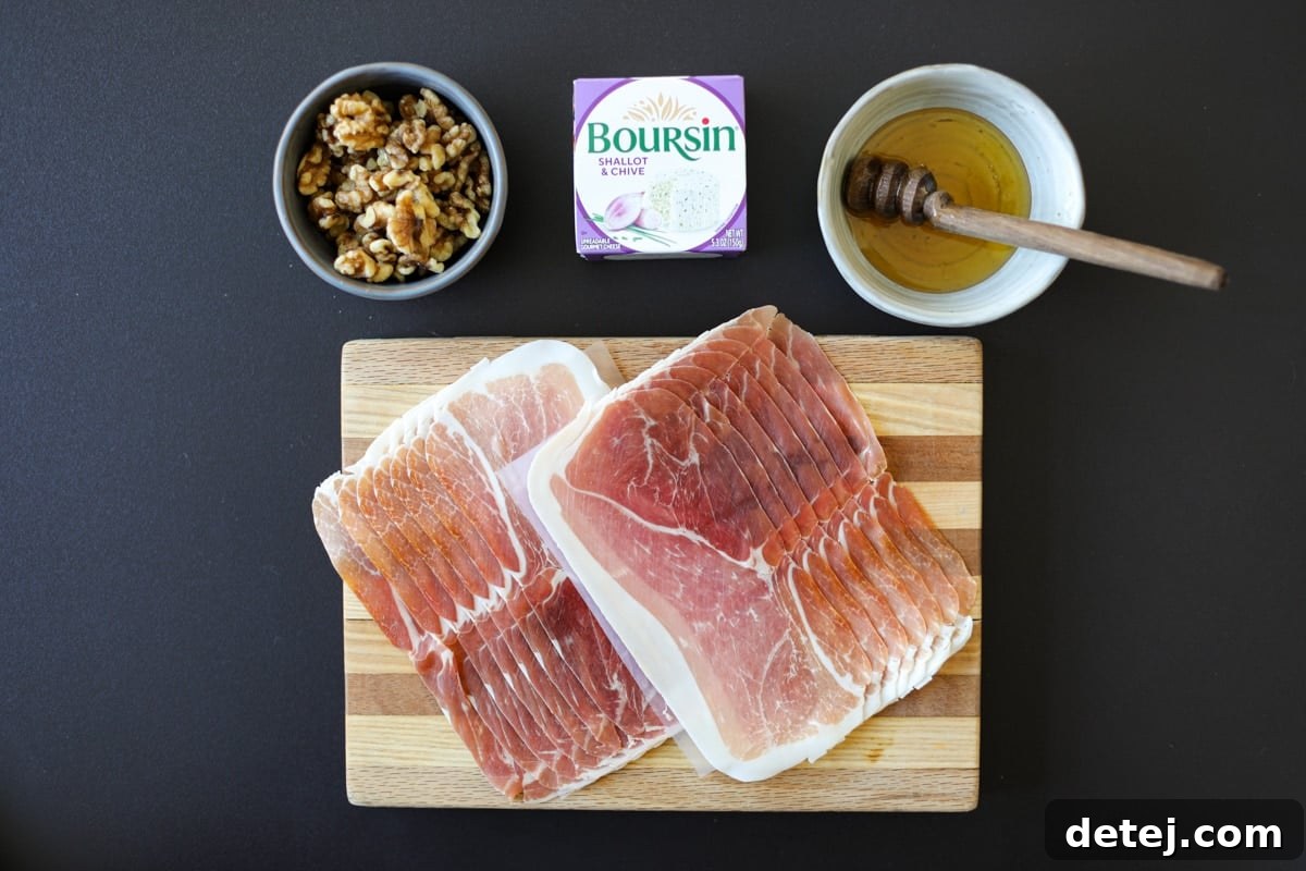 Essential ingredients for Crispy Prosciutto Wrapped Boursin Cheese with Honey and Chopped Nuts.