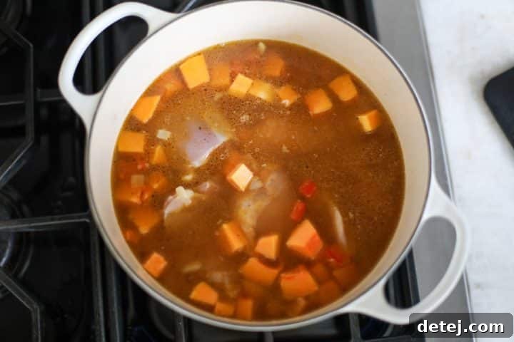 vegetables, chicken thighs and broth in a pot simmering.