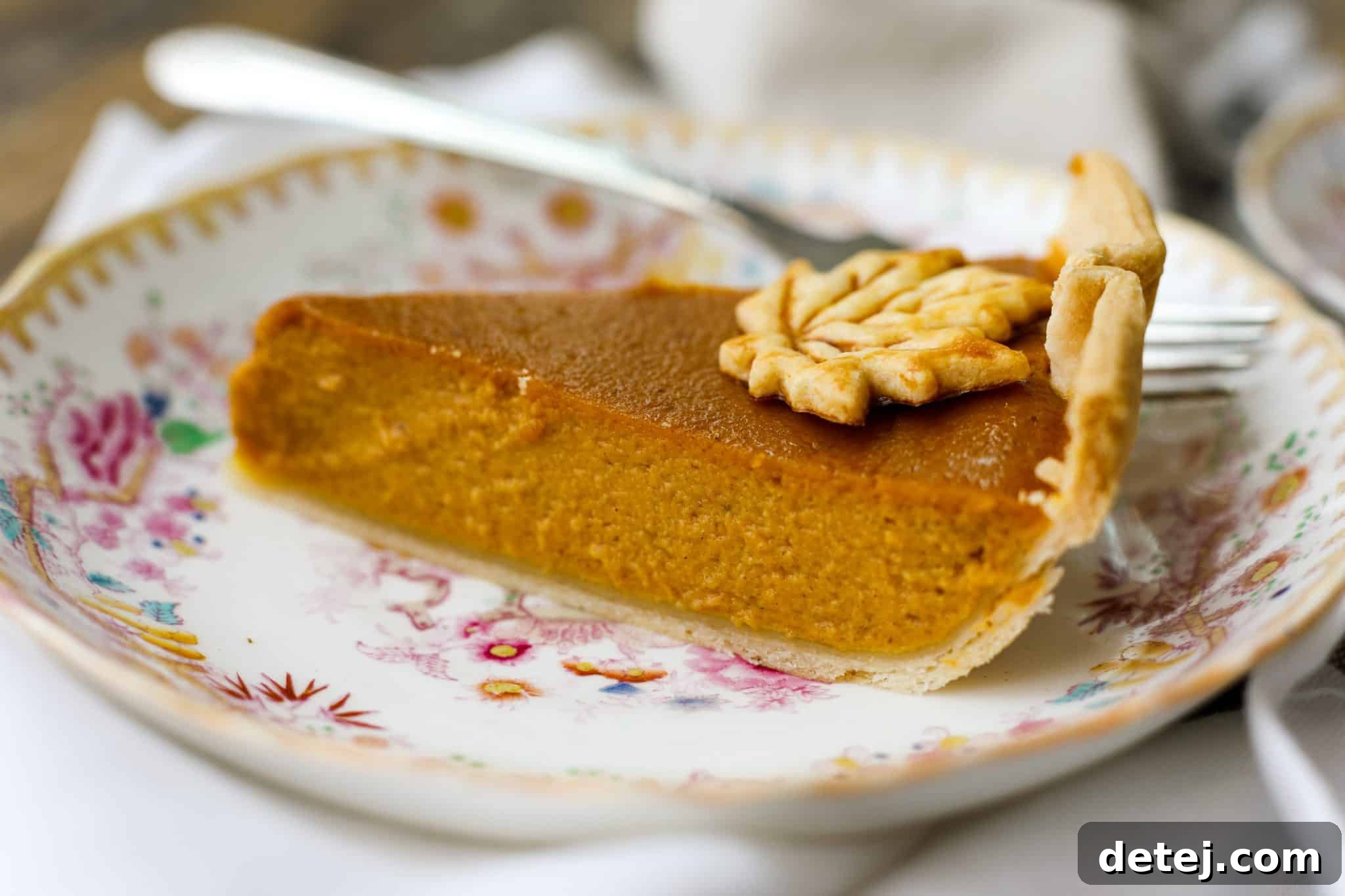 A slice of pumpkin pie on a plate, garnished with whipped cream.