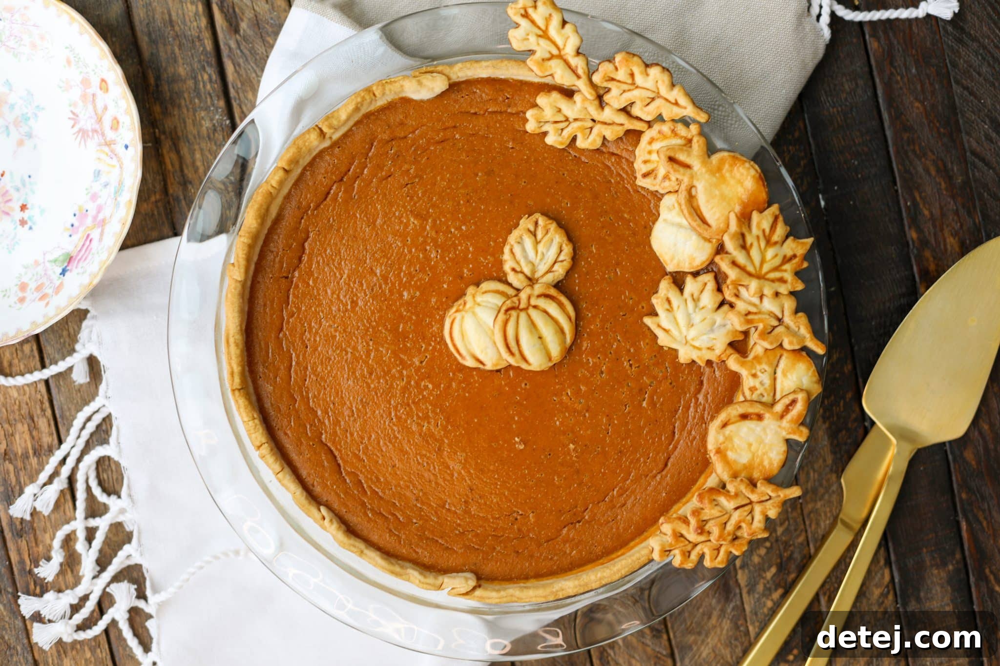 A beautiful whole pumpkin pie, freshly baked and ready for serving.