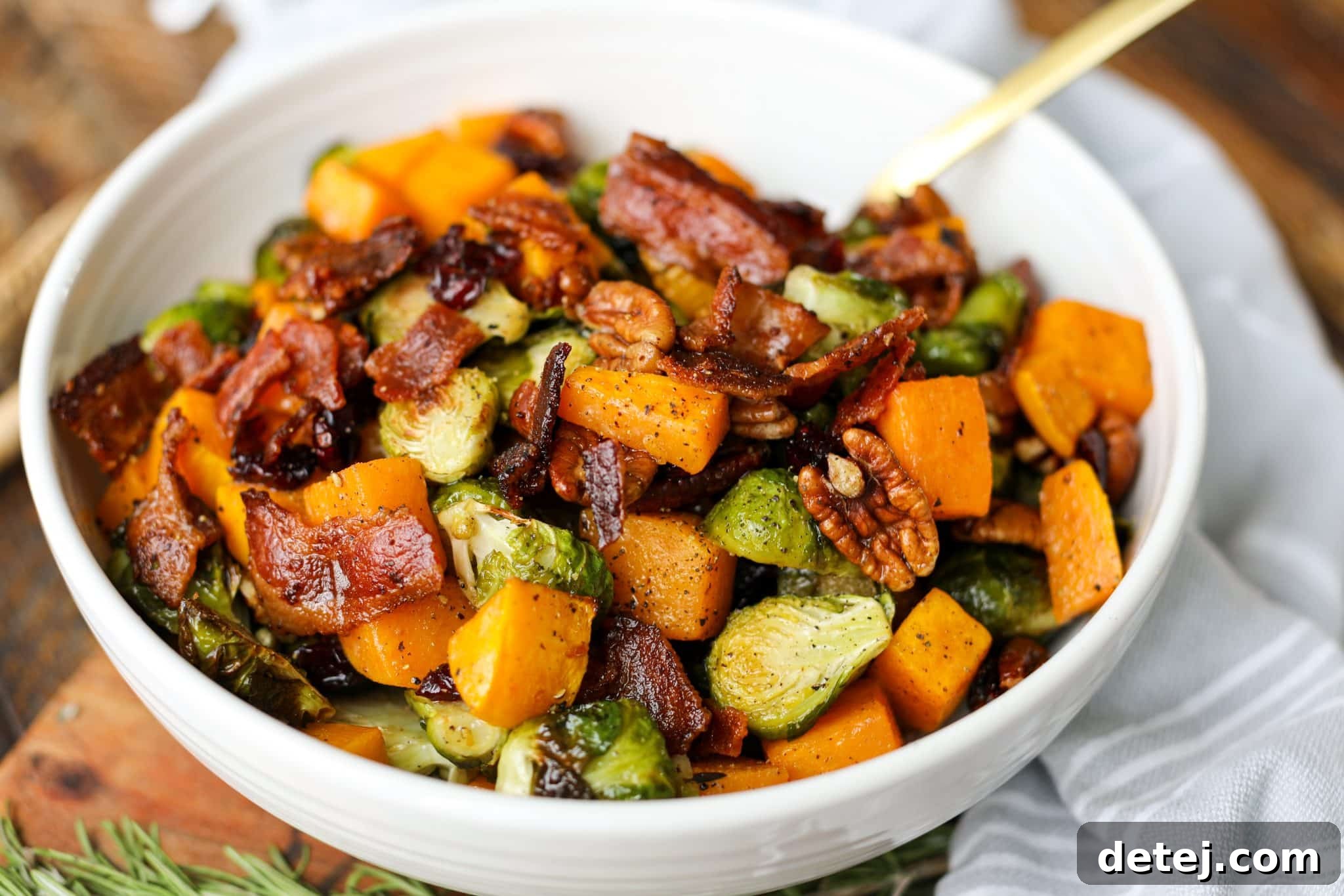 Butternut squash and Brussels sprouts salad, a healthy Thanksgiving side.