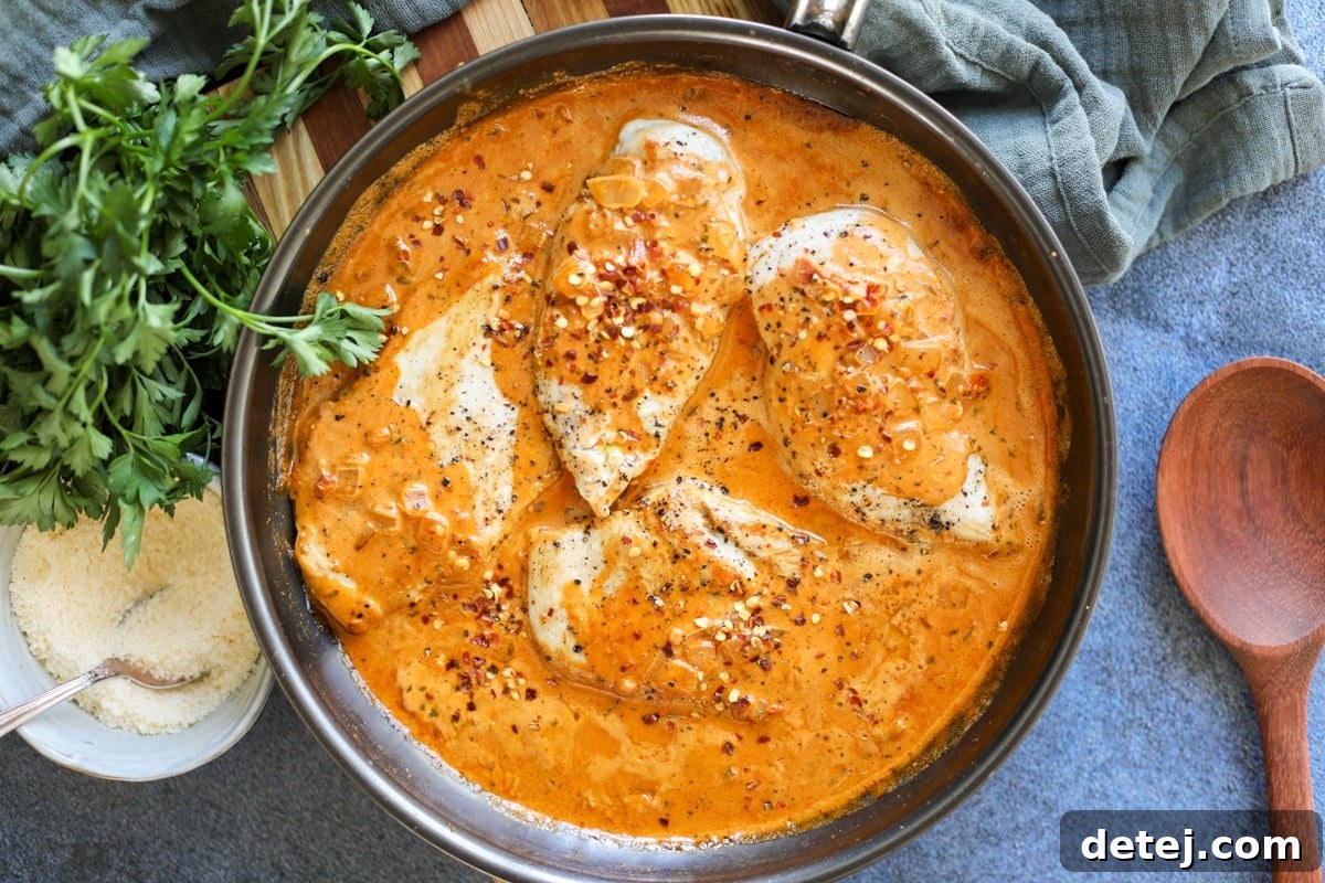 Creamy Sun-Dried Tomato Pesto Chicken served hot in a pan, garnished with fresh basil leaves.