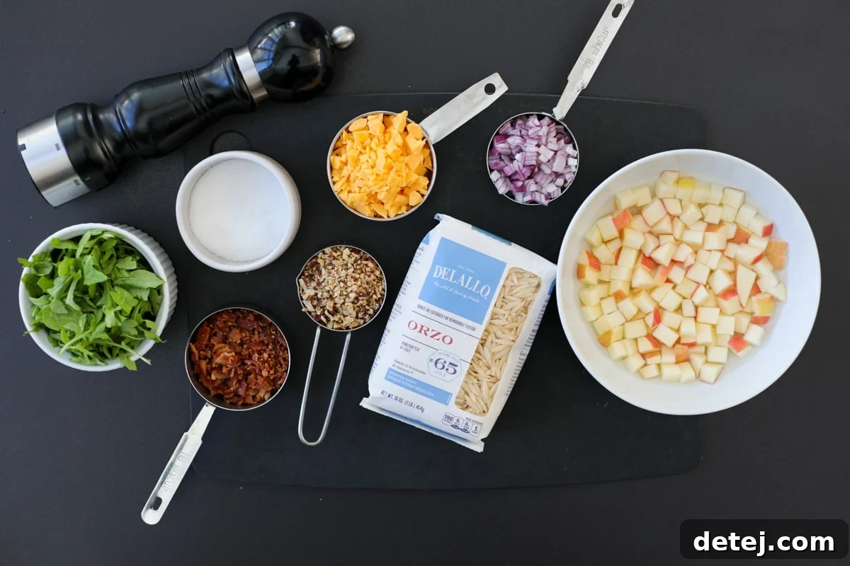 Various ingredients for the pasta salad laid out: orzo pasta, baby arugula, bacon, pecans, red onion, cheddar cheese, and an apple.