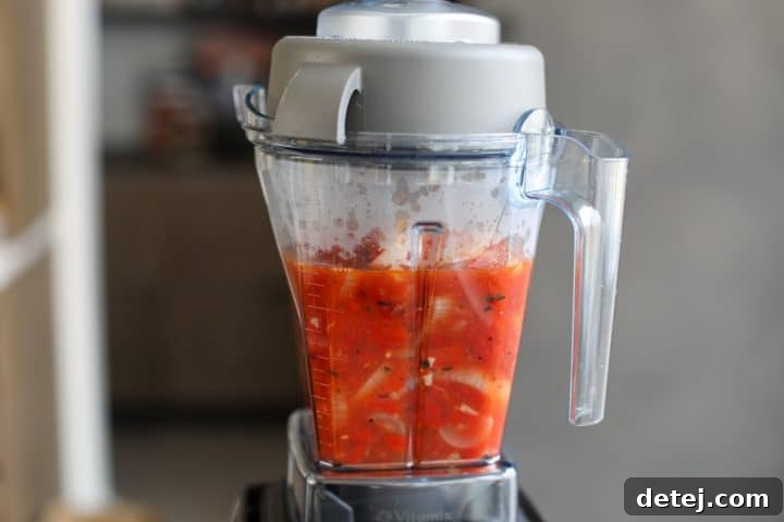 Smoky Red Pepper Shrimp Pasta 11 Simmered red pepper and tomato sauce transferred to a blender, prior to blending.