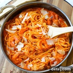 Shrimp Pasta with Roasted Red Pepper Sauce, prepared and ready to serve.