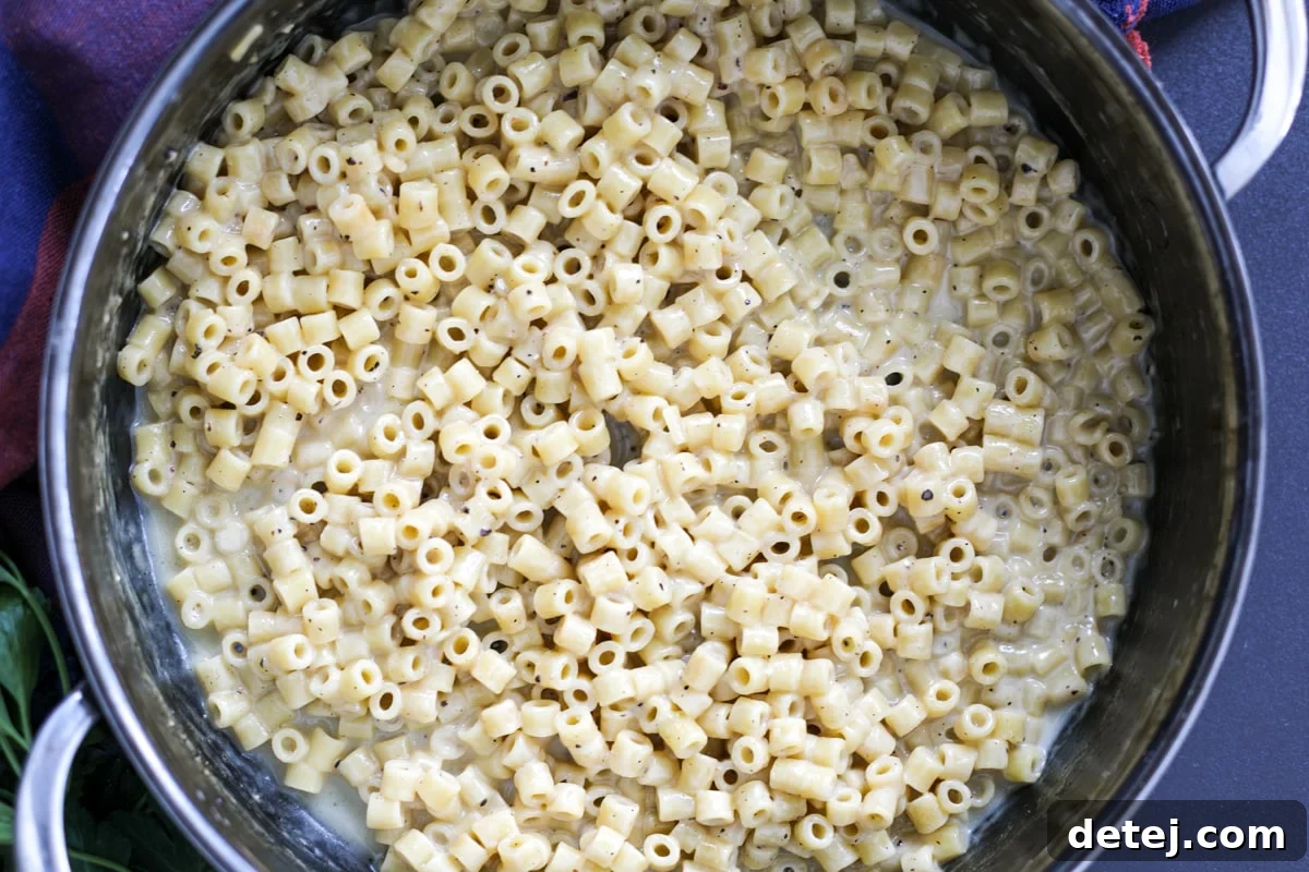 A beautifully plated dish of creamy cacio e pepe ditalini pasta, garnished with fresh cracked pepper and a sprinkle of cheese, inviting you to take a bite.