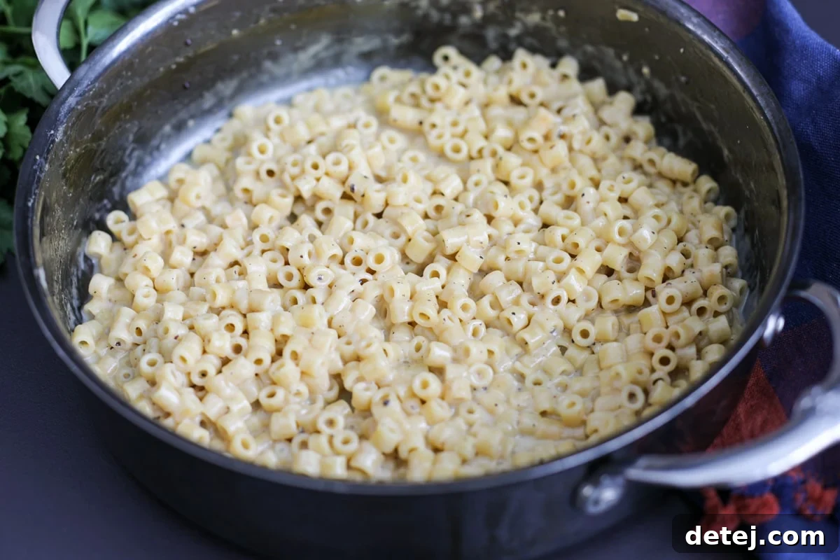 Close-up of a serving of creamy cacio e pepe ditalini pasta, showcasing the rich sauce and tender pasta.