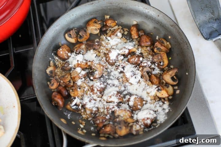 mushrooms, garlic and shallots dusted with flour. 