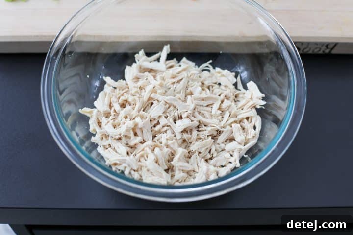 shredded chicken in a bowl.