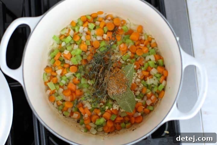 mirepoix with seasoning and fresh herbs. 