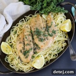 chicken piccata over pasta.