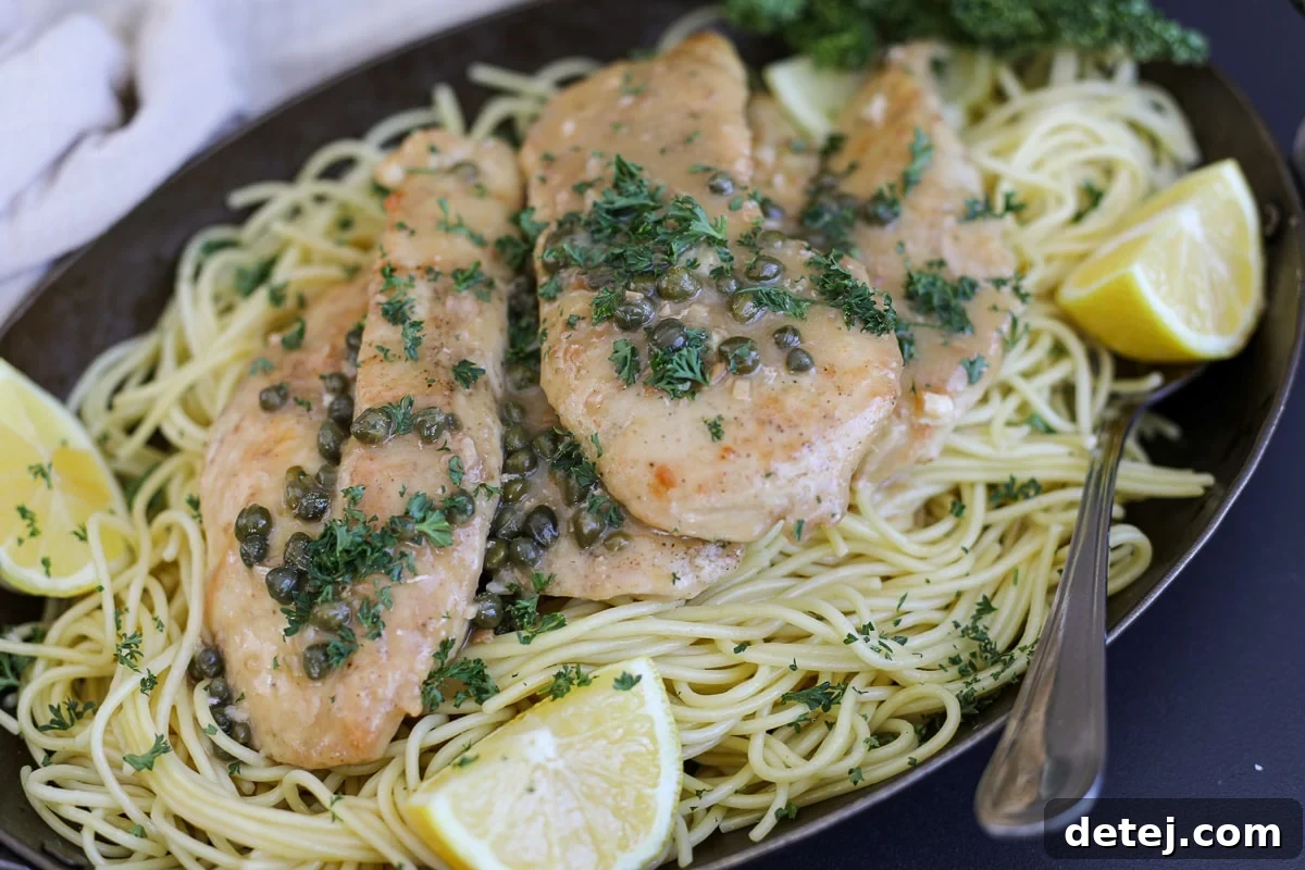 chicken piccata over spahgetti.