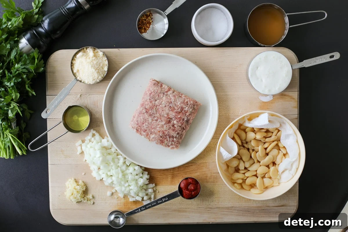 A vibrant selection of ingredients laid out, featuring ground Italian sausage, canned butter beans, fresh garlic and onion, heavy cream, parmesan cheese, and seasoning, ready for the one-pan dip.