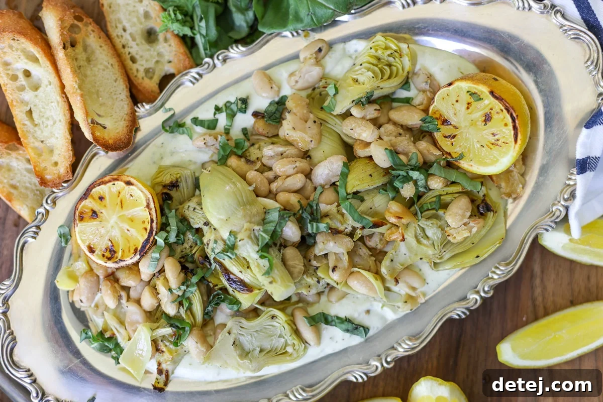 Roasted Artichokes and Beans over Whipped Pesto Ricotta – Healthyish Foods, closeup.