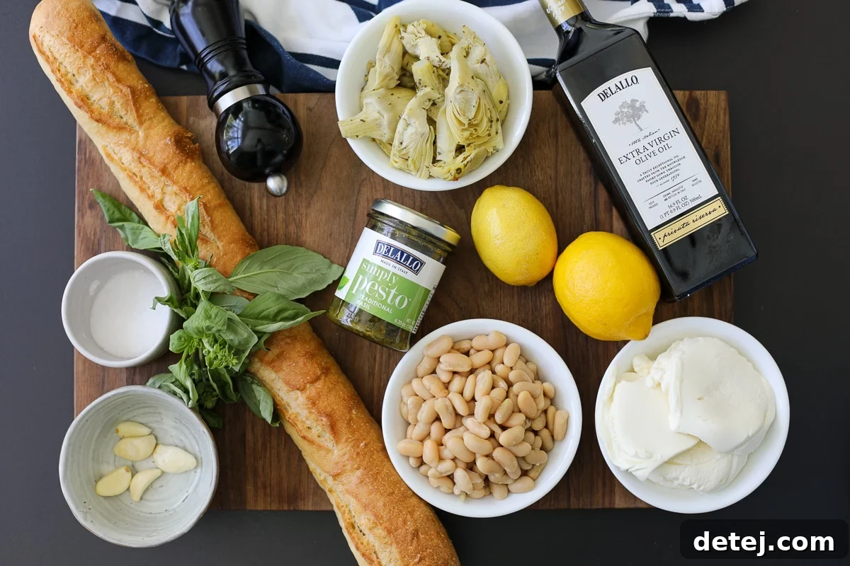 Ingredients needed for roasted artichokes and beans with whipped pesto ricotta.