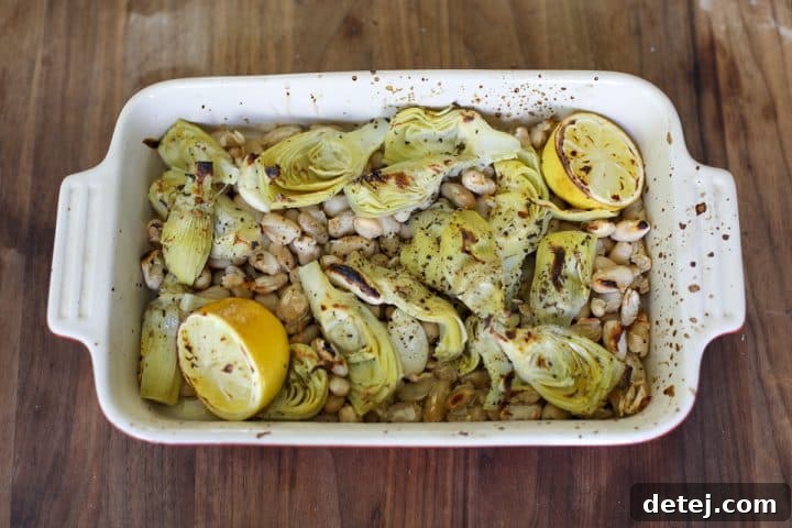 Roasted artichokes and beans after cooking.