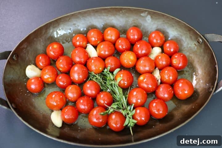 everything in a baking dish for tomato confit. 