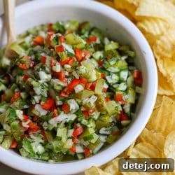 A close-up of a small bowl of Pickle de Gallo, ready for serving.
