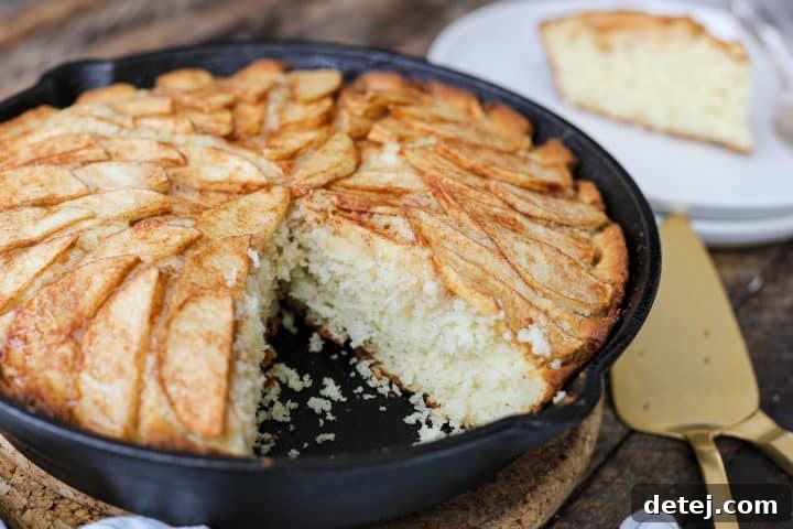 Close-up of a warm Skillet Dutch Apple Cake slice with tender apples.