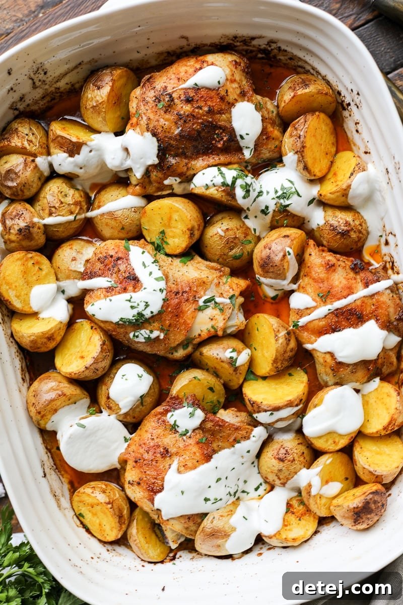 Golden brown One Pan Roasted Chicken and Potatoes with fresh herbs, ready to serve.