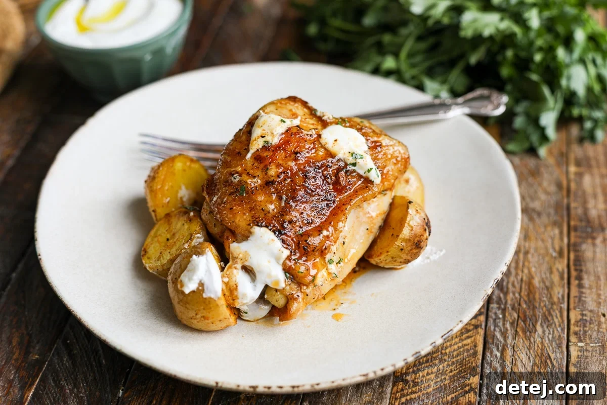 A serving of roasted chicken and potatoes with fresh herbs and a side of yogurt sauce on a white plate.