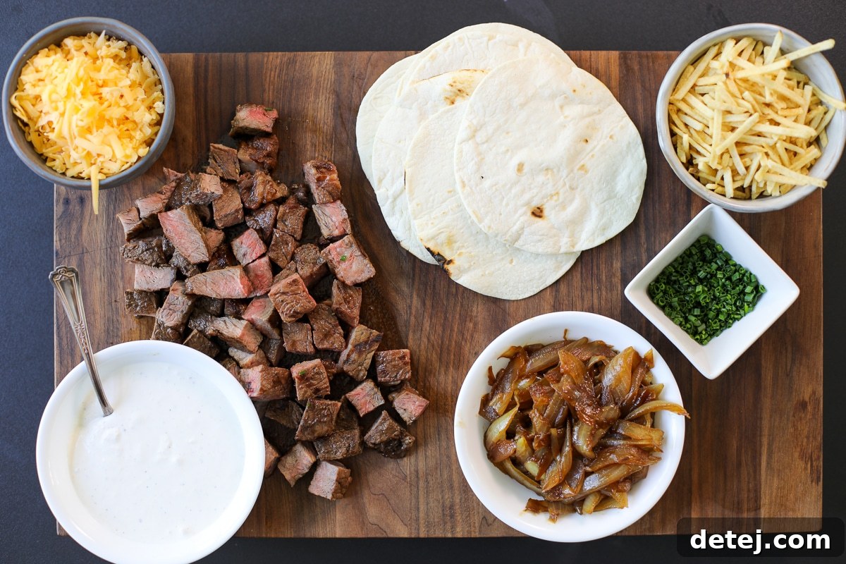 ingredients needed for steak tacos with horseradish sauce, cheddar cheese, potato sticks.