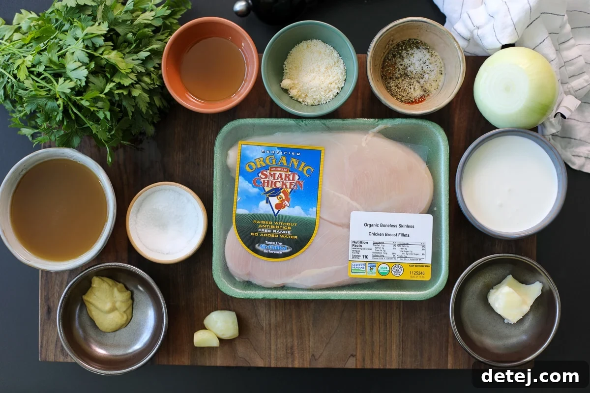 Ingredients laid out for making blackened chicken with creamy mustard sauce.