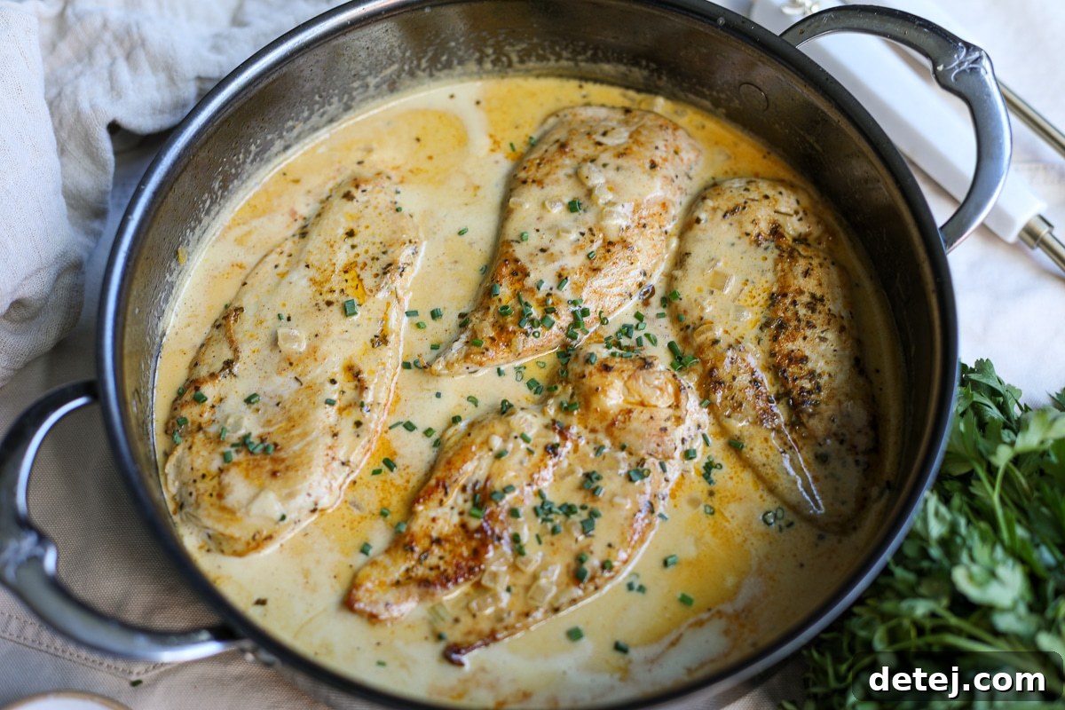 Creamy mustard chicken plated with a side.