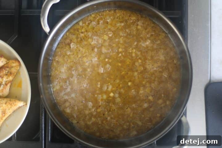 Onions, garlic, and chicken broth simmering in a pan, deglazing.
