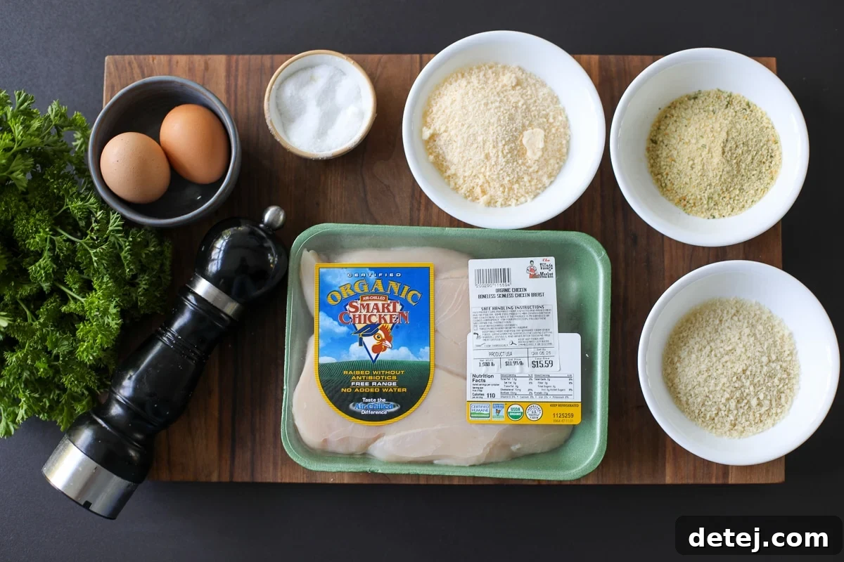 Agile Chicken Cutlets 3 Ingredients needed for crispy Walking Chicken Cutlets: chicken breasts, eggs, parmesan, panko, Italian breadcrumbs, oil, salt, pepper.