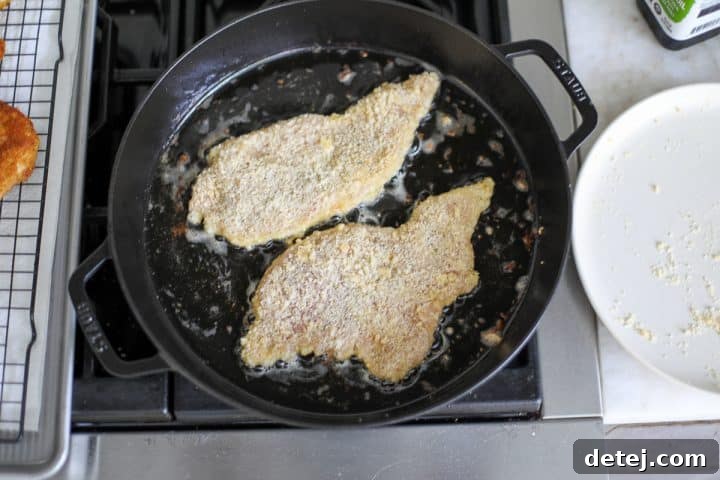 Agile Chicken Cutlets 6 Breaded chicken cutlets cooking in hot avocado oil in a pan.