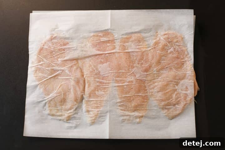 Ultimate Breakfast Chicken Cutlets 9 chicken cutlets between parchment paper, being pounded thin with a meat mallet.