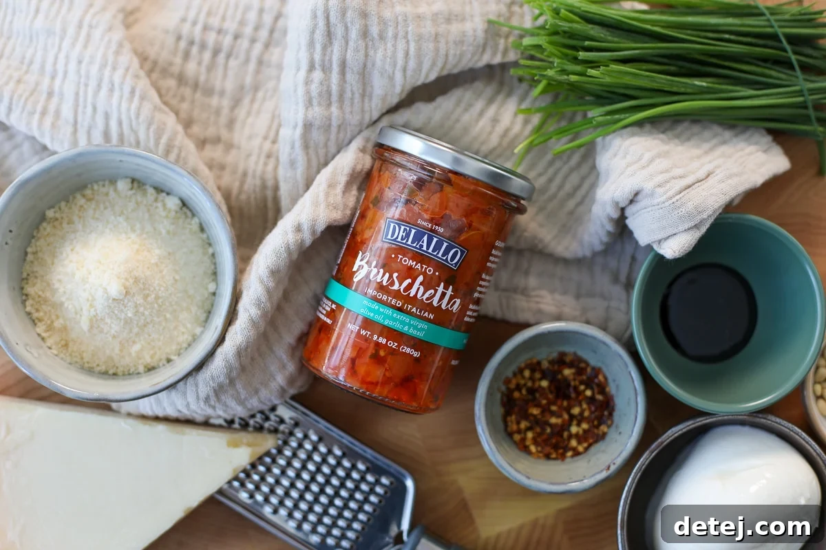 A jar of Delallo tomato bruschetta, illustrating the quality ingredients used in the recipe.