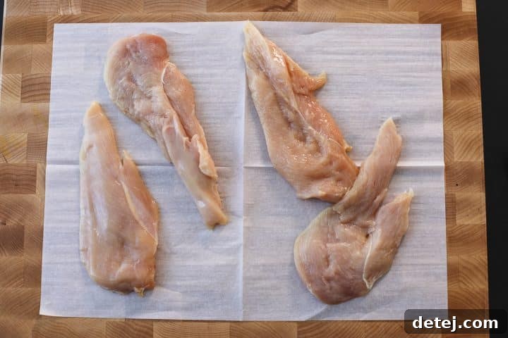 Four thinly butterflied chicken breasts, ready for seasoning and breading.