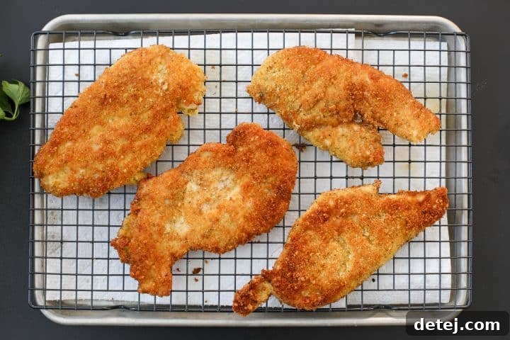 Two freshly fried, crispy chicken cutlets resting on a cooling rack.