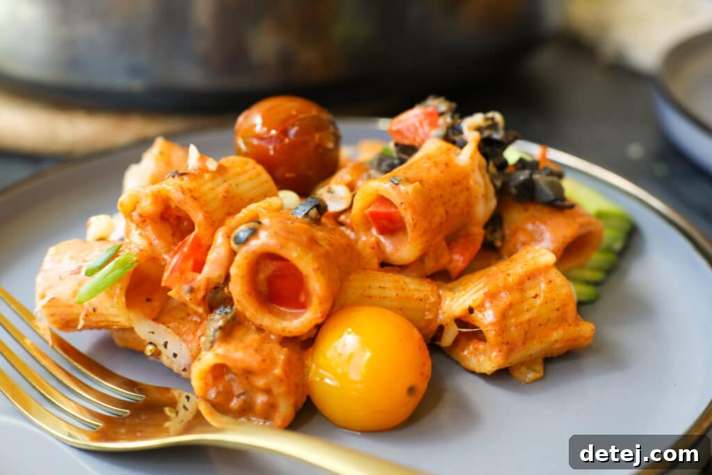 Close-up of the finished Chicken Enchilada Pasta, garnished with fresh toppings.